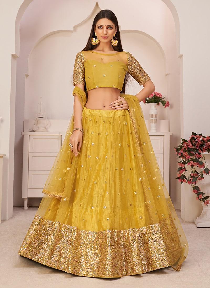 Ethnic Wear Yellow Color Soft Net Fabric Sequins Work Lehenga Cheap Sale Online