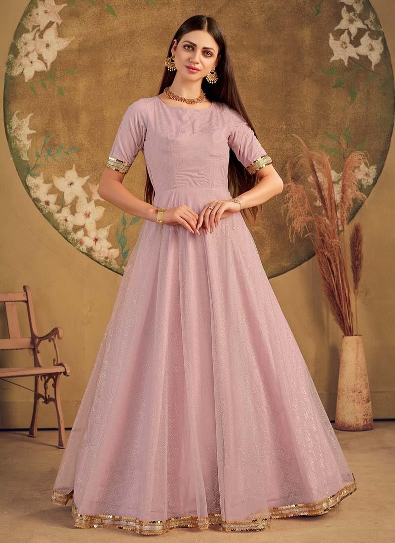 Dashing Look Half Sleeves Soft Net Fabric Dusty Pink Color Fancy Work Gown Cheap Pice Wholesale