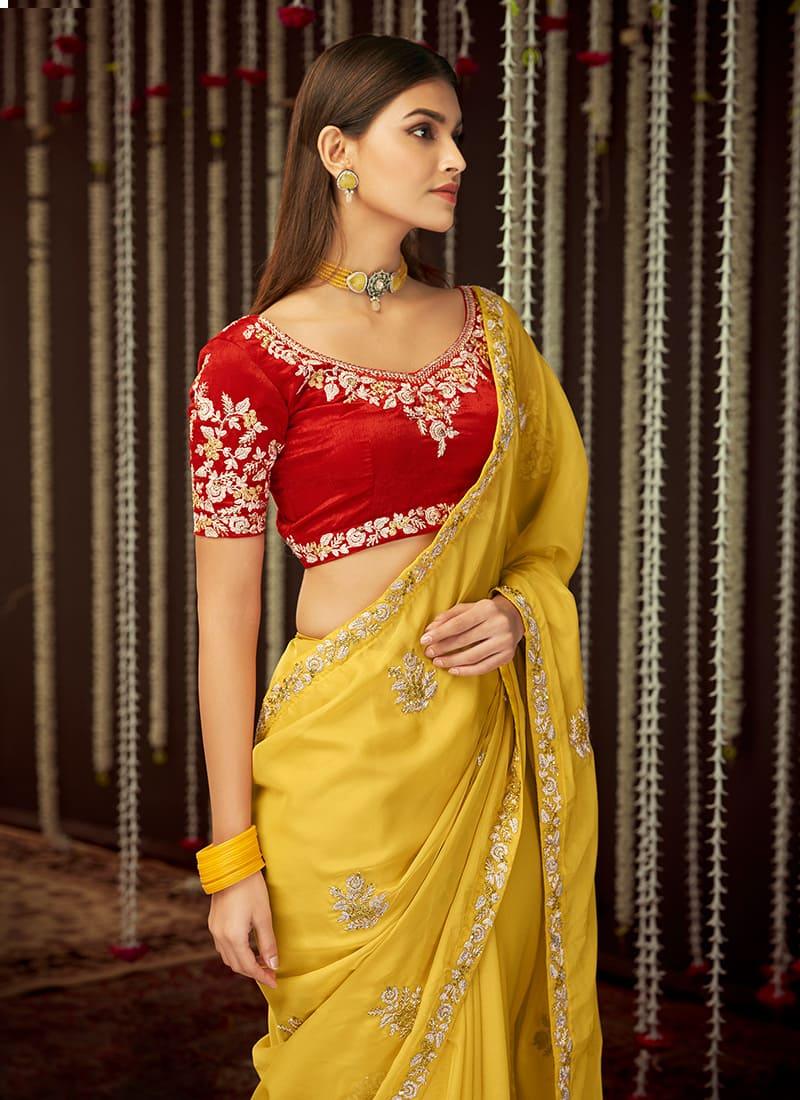 Organza Fabric Mustard Yellow Color Embroidered Saree With Contrast Blouse For Sale Sale Online