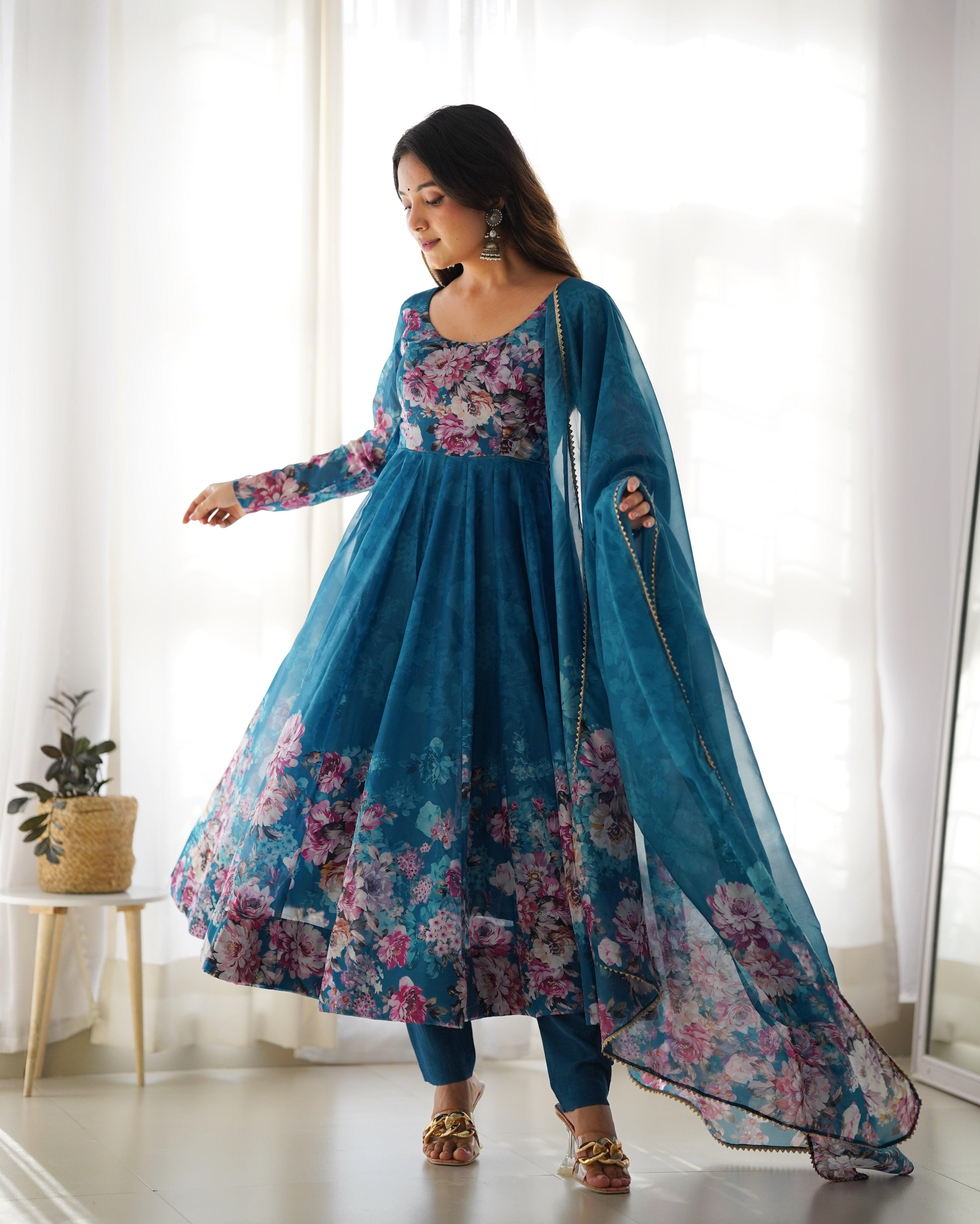 Rama Colored Organza Printed Anarkali Suit With Dupatta Outlet Locations Cheap Pice