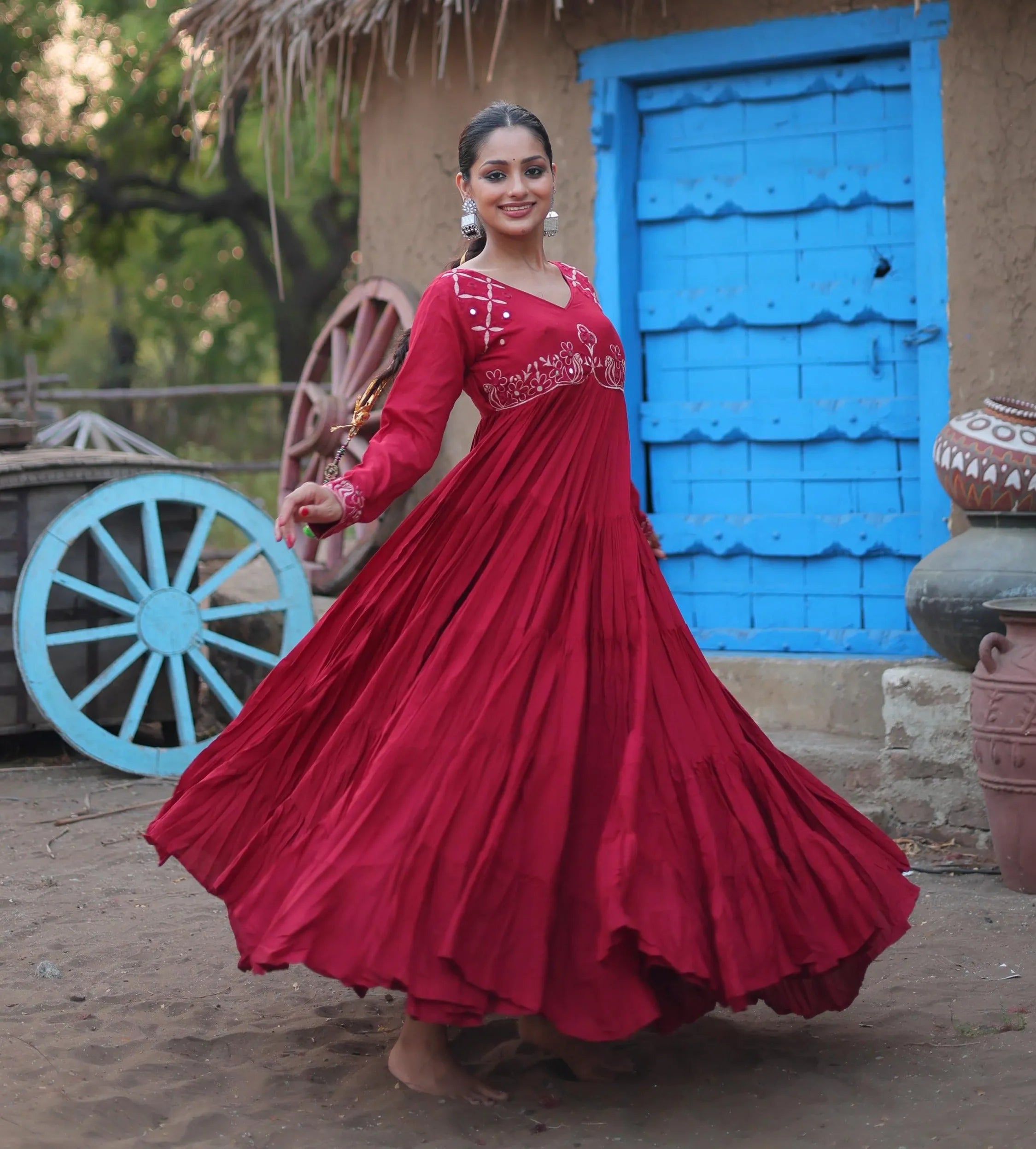 Maroon Rayon Fully Flared Mirror Worked Designer Navratri Gown Get To Buy