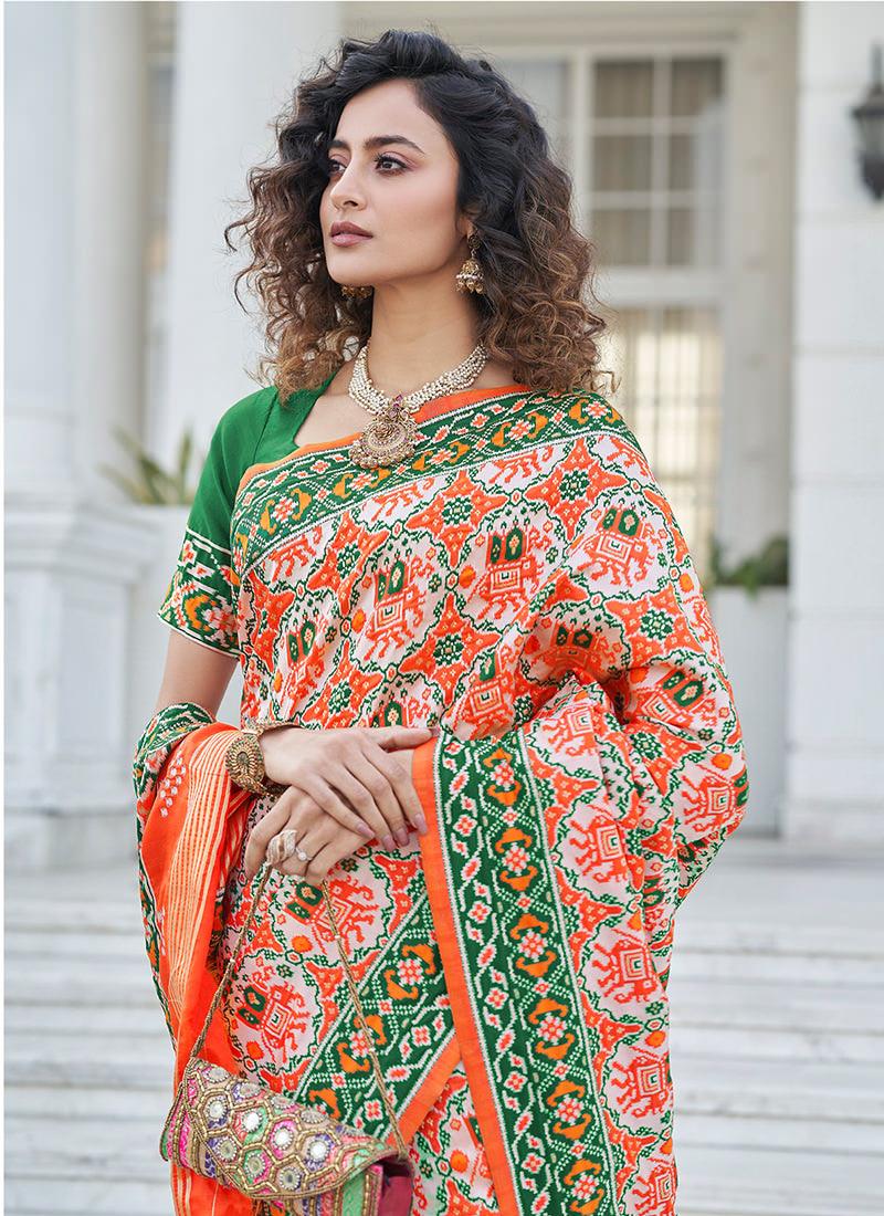 Orange Patola Print Silk Weaving Saree Clearance Store Sale Online