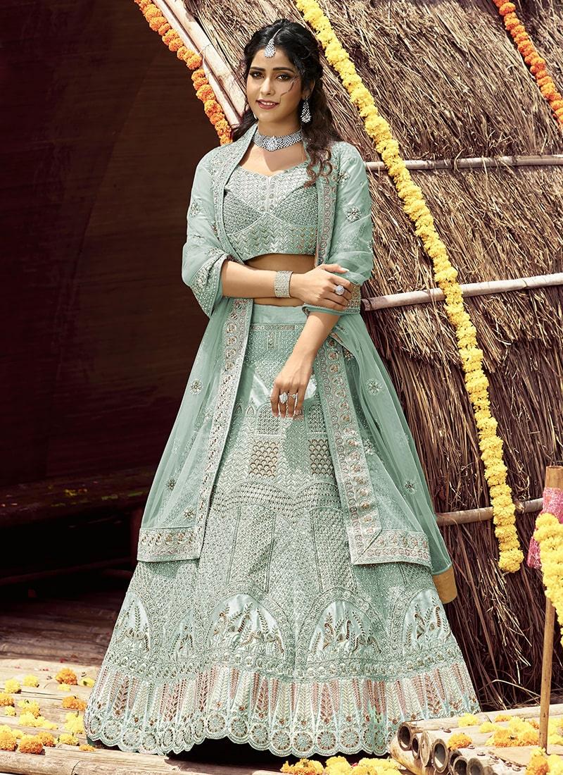 Turquoise Color Velvet Fabric Lehenga With Dori And Stone Work In China Online