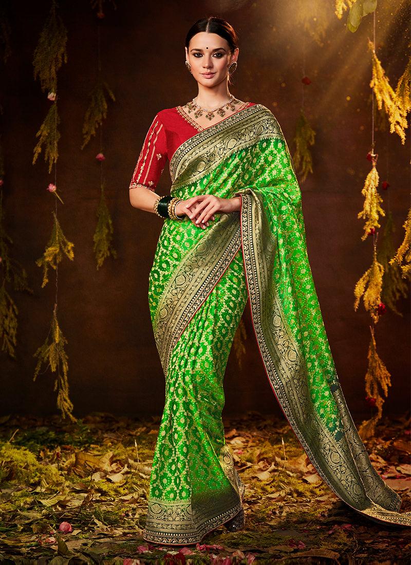 Embroidered Blouse With Light Green Bandhej Saree Free Shipping Shop For