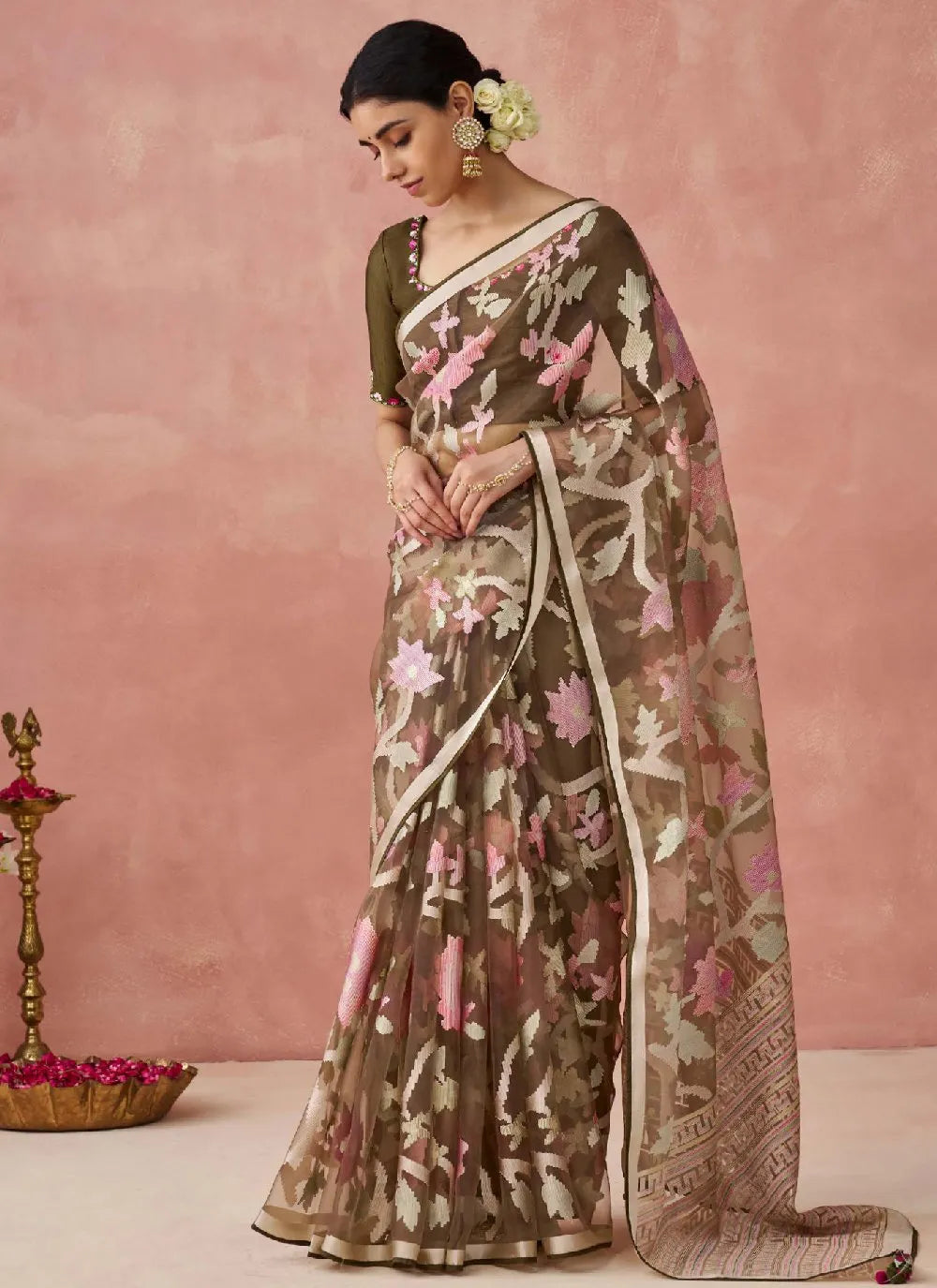 Brown Organza Printed Woven Worked Designer Saree Outlet Best Place