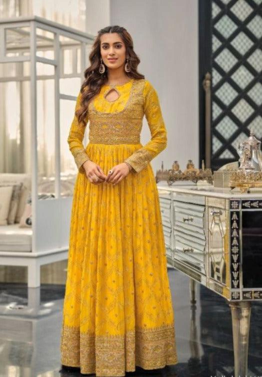 Mirror Work Mustard Georgette Gown Discount Brand New Unisex