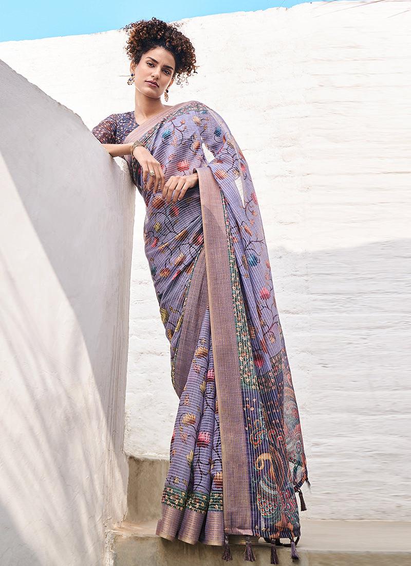 Linen Fabric Purple Printed Floral Saree Free Shipping Low Pice