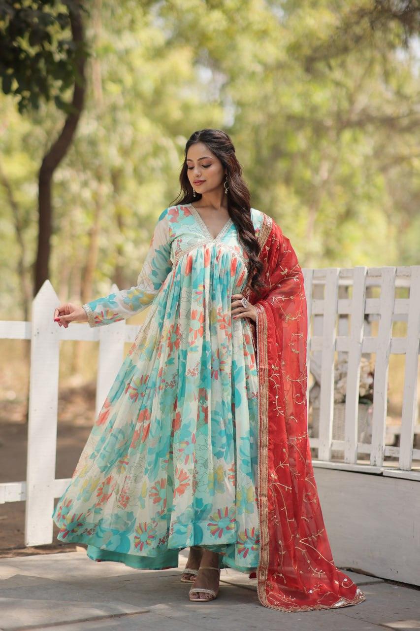 Amazing Russian Silk Floral Digital Printed Gown With Dupatta View For Sale