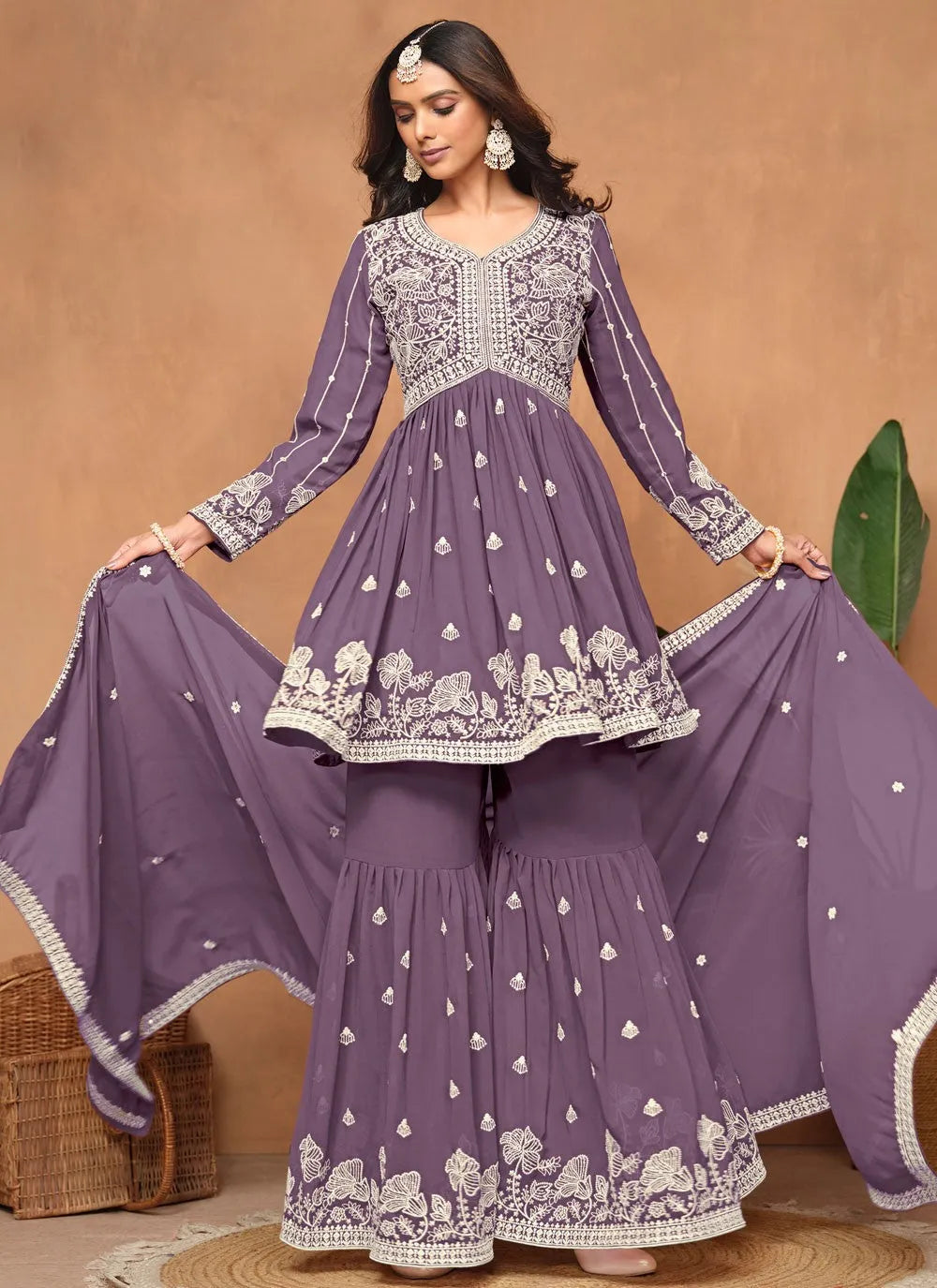 Purple Faux Georgette Sequins Embroidered Designer Top Sharara Suit Free Shipping Big Discount