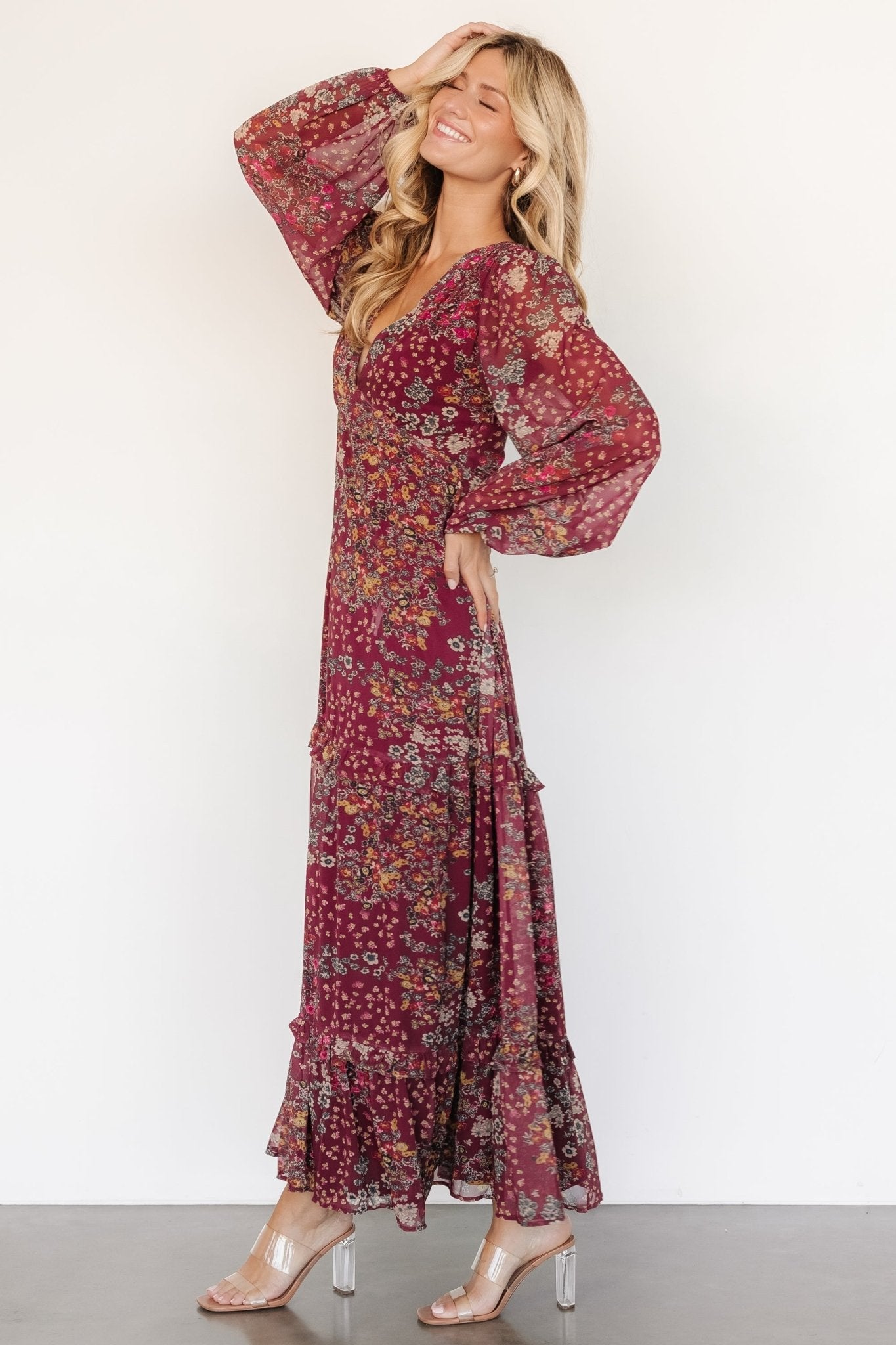 Bowman Deep V Maxi Dress | Burgundy Multi Clearance Limited Edition