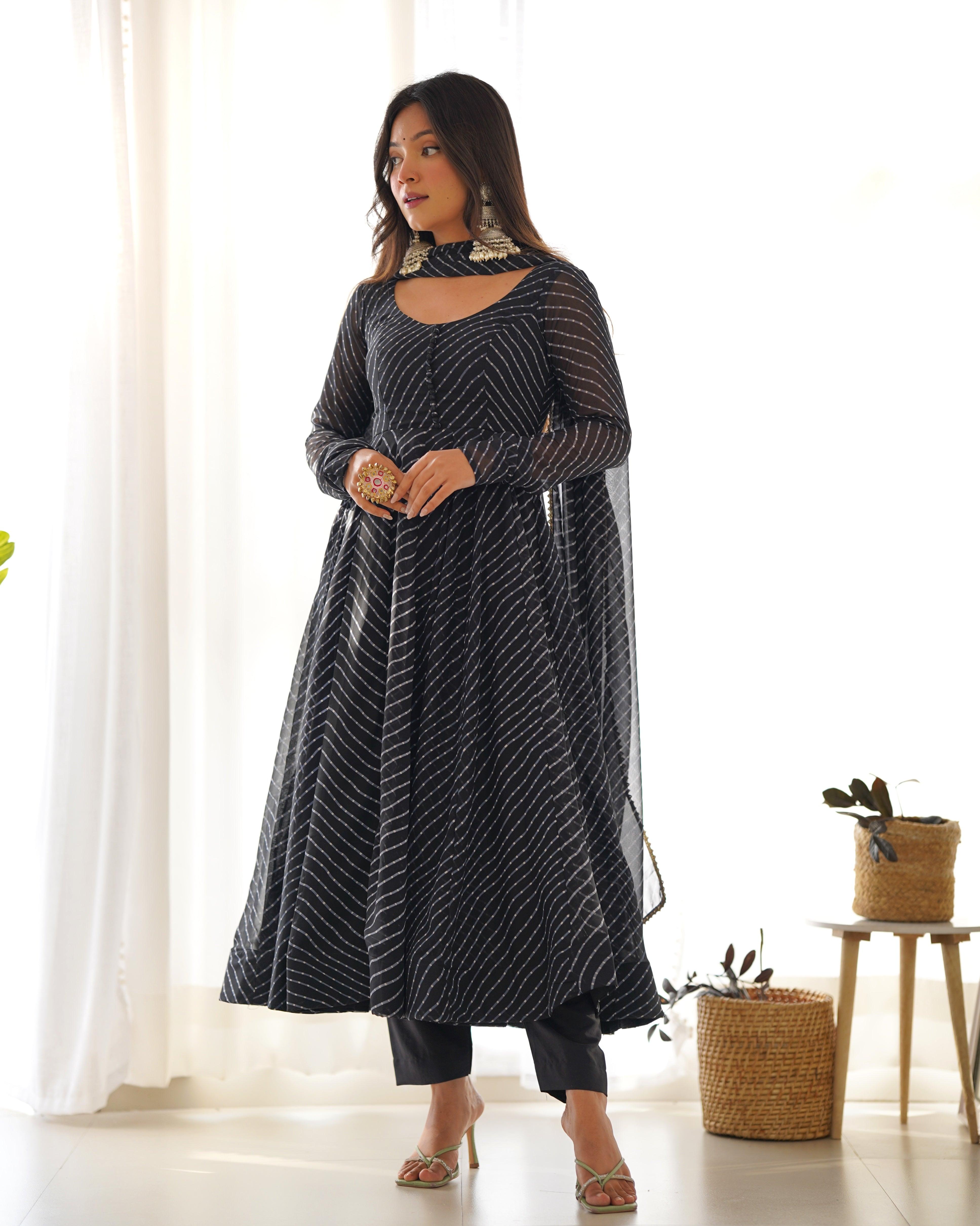 Black color georgette laheriya printed anarkali suit with dupatta Free Shipping Best Pices