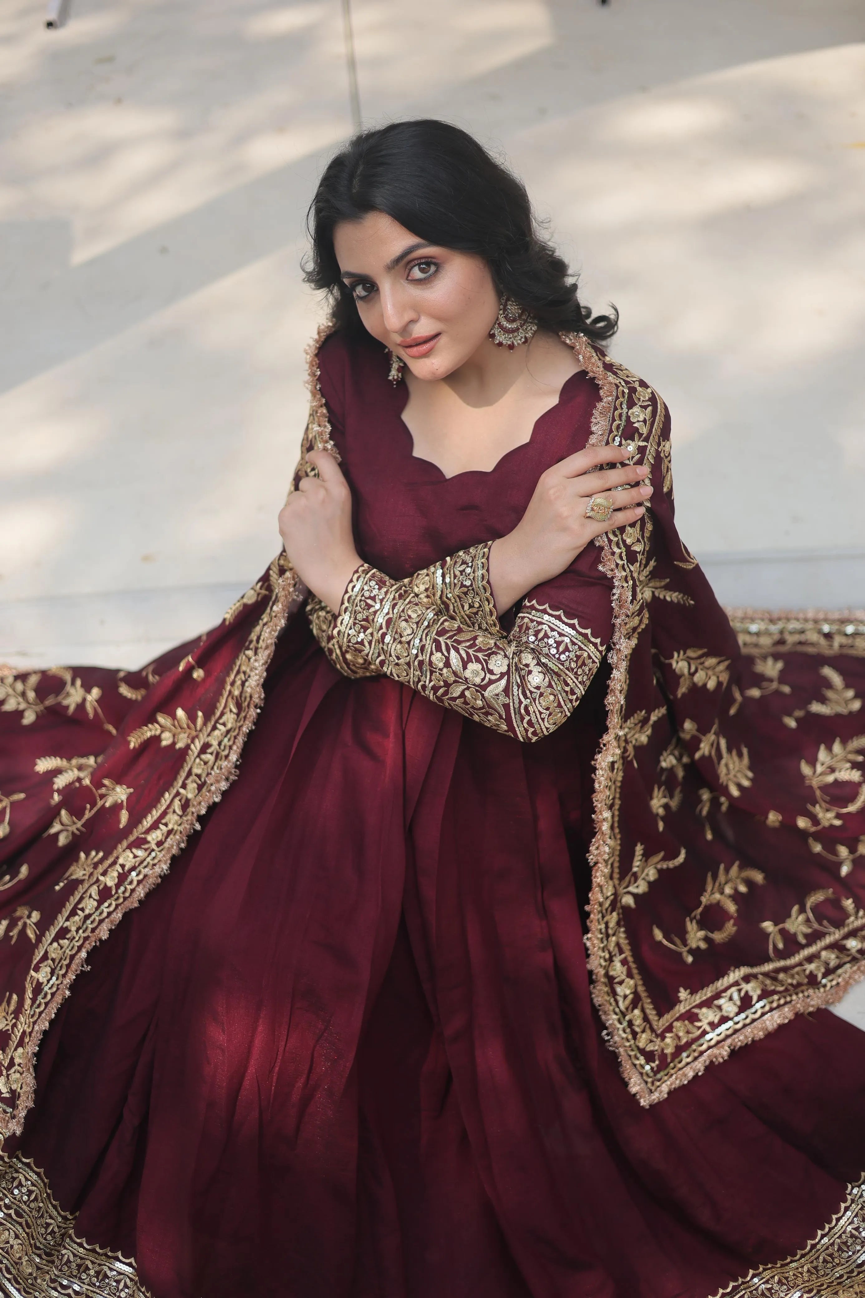 Maroon Vichitra Shimmer Rich Sequins Worked Designer Gown Websites Cheap Pice