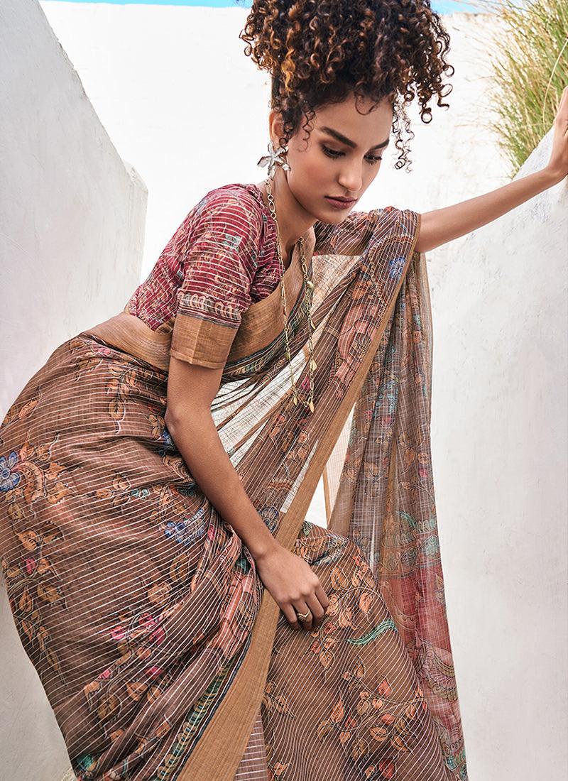 Linen Fabric Brown Printed Floral Saree Sale Best Sale