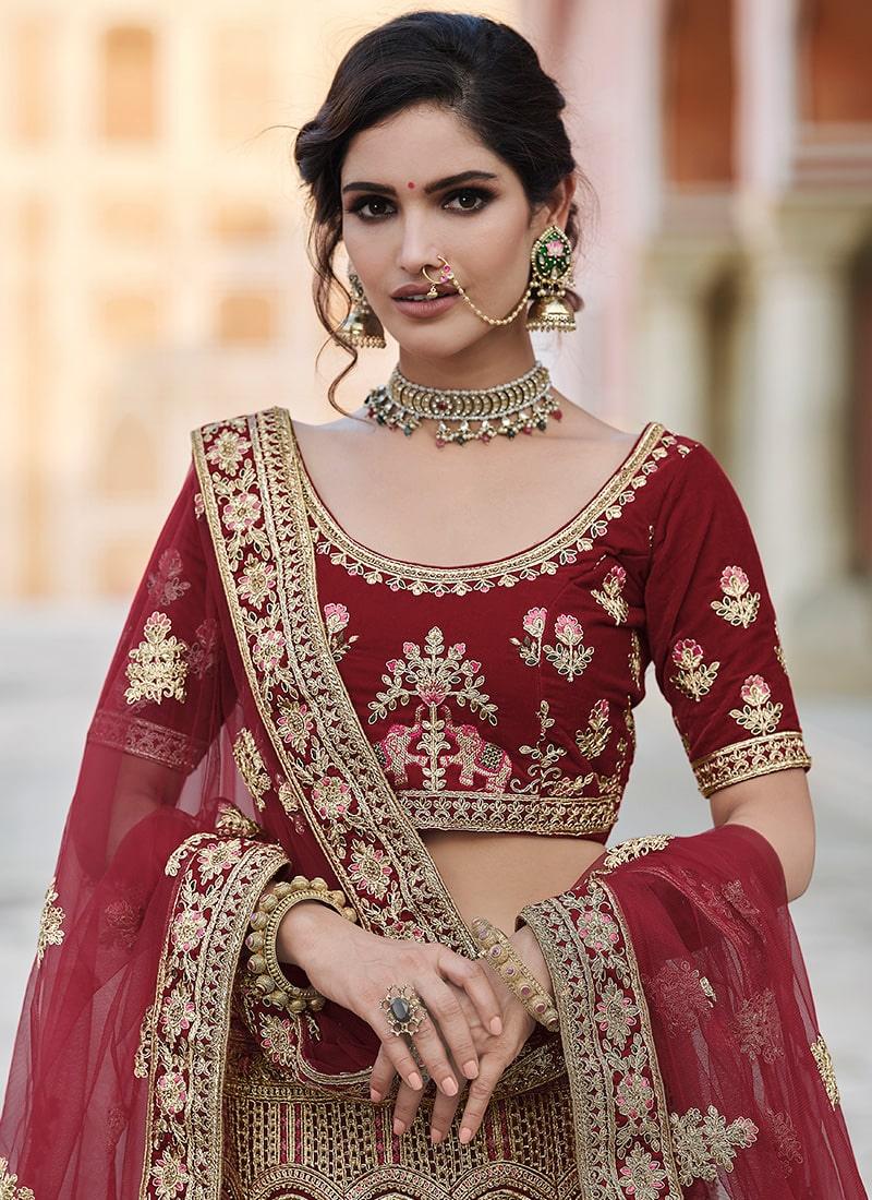 Enchanting Look Heavy Work Maroon Color Velvet Material Lehenga Buy Authentic Online