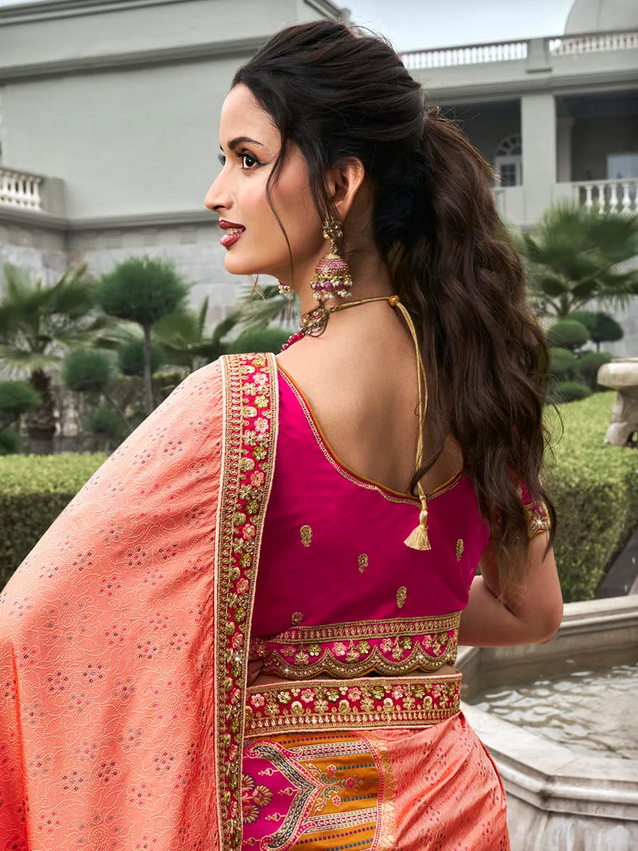 Peerless Peach Banarasi Silk Bridal Lehenga Choli Set Under 70 Dollars