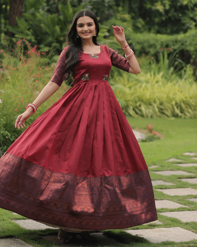 Maroon silk Printed Banarasi A-link Designer Gown Outlet Locations