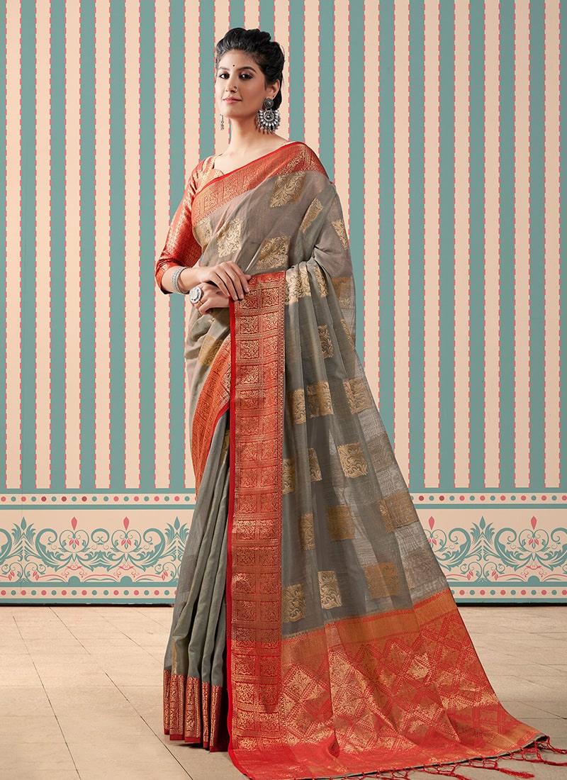 Ethnic Wear Grey Color Silk Material Silk Weave Saree Finishline