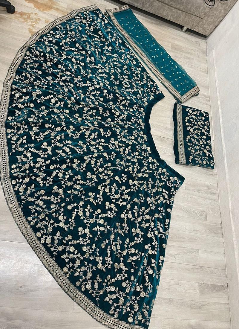 Teal Green Color Velvet Material Sequins Work Lehenga Choli Sale 100% Authentic