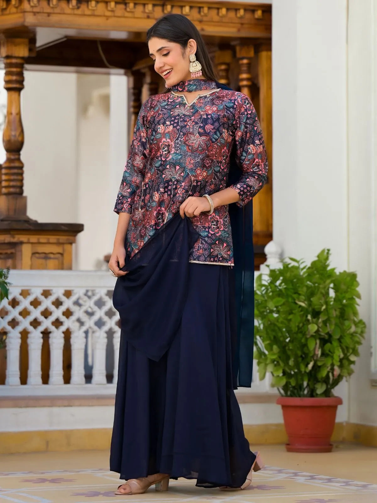 Navy Blue FLoral Printed Handworked Designer Top Palazzo Suit Looking For For Sale