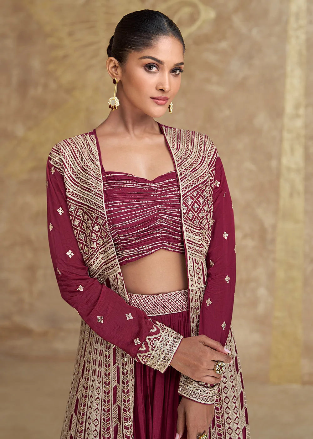 Enchanting Jacket Style Maroon Embroidered Lehenga Choli Clearance 2025