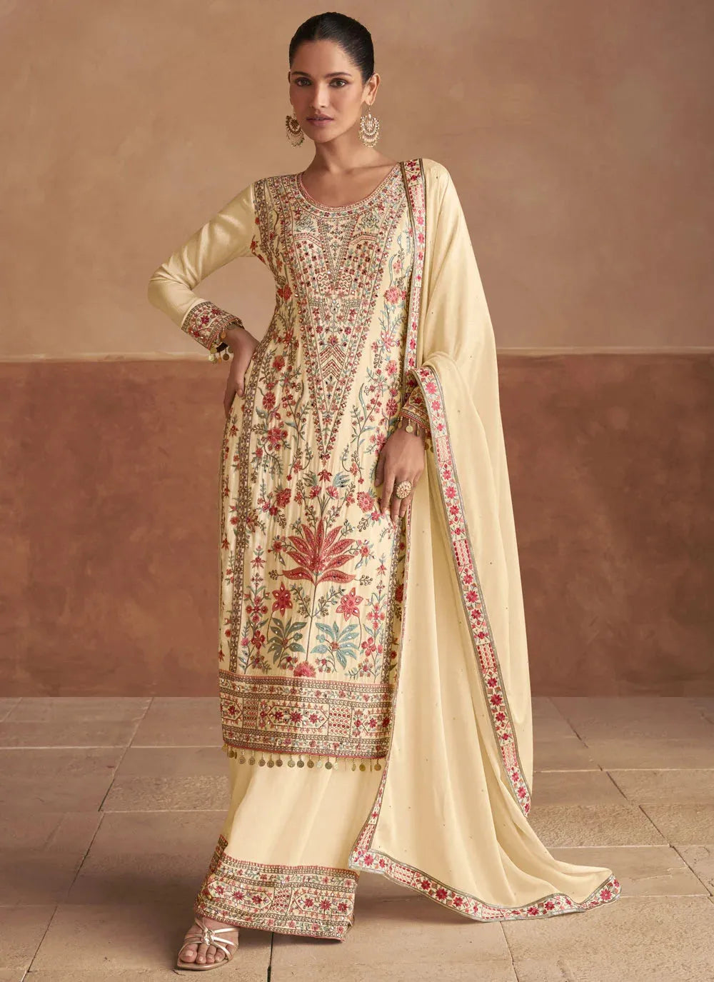 Attractive Chinon Cream Embroidered Salwar Kameez Affordable Online