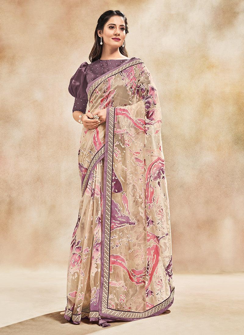 Multi-Color Printed Organza Saree With Stone Work And Puff Sleeve Blouse Cheap Pictures