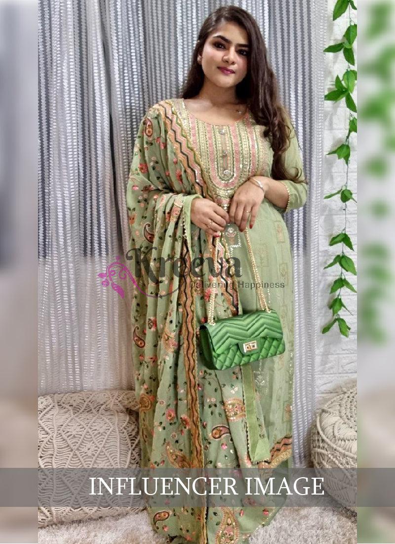 Pleasant Green color Punjabi Suit With Embroidery Georgette Base Free Shipping Limited Edition