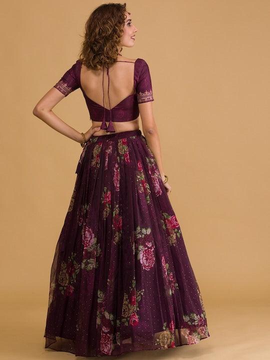 Purple Organza printed embroidered Flared Lehenga choli Buy Cheap Footlocker