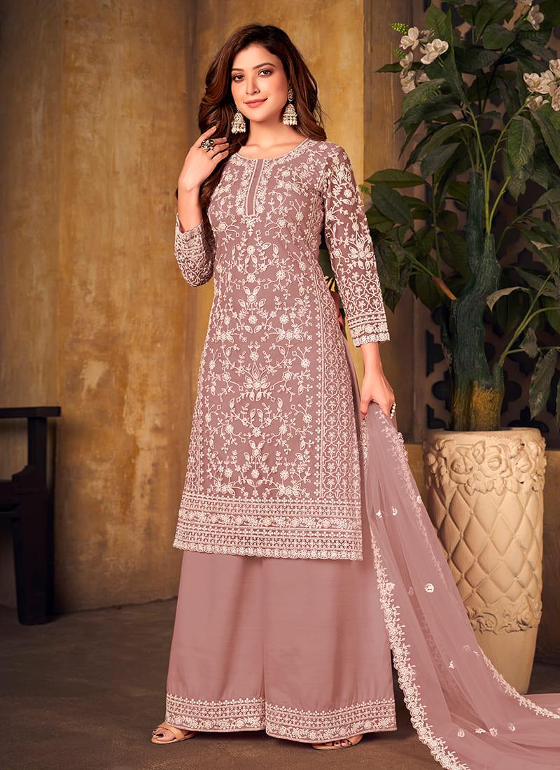 Pastel Brown Embroidered Top Palazzo 2025 Newest Sale Online