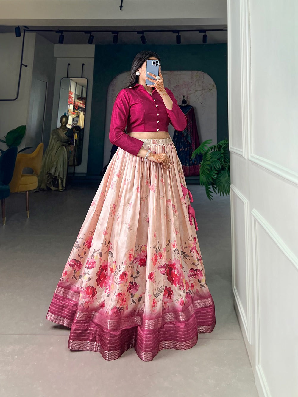 Embrace Tradition with Modern Floral Printed Dola Silk Lehenga Choli Discount