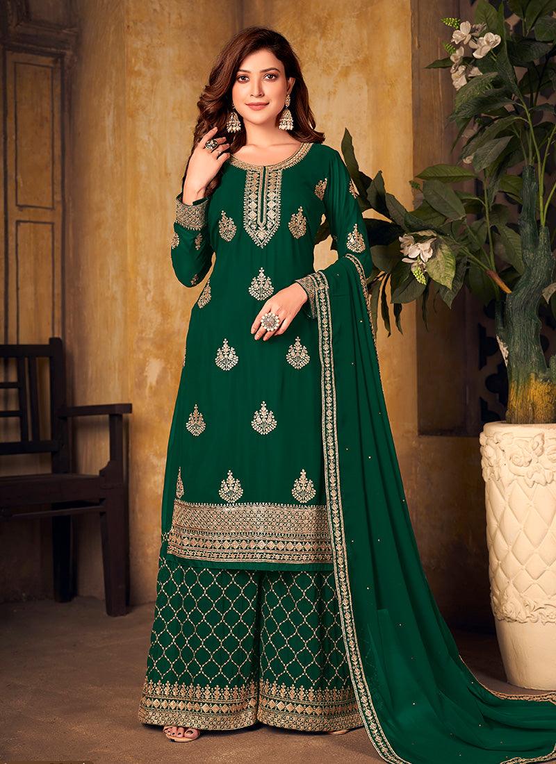 Dark Green Color Georgette Base Embroidered Palazzo Suit With Sequins Work Buy Online