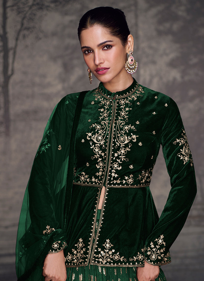 Dazzling Forest Green Embroidered Peplum Style Lehenga Choli Cheap Pice Cost