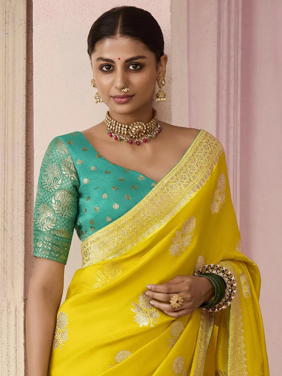 Yellow Designer Silk Saree with Floral Weaving Work Discount Online