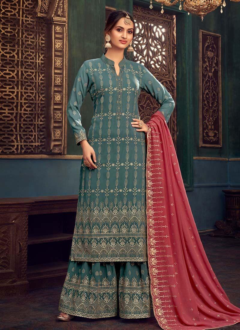 Pine Green Color Zari Work Collar With V-Neck Sharara Salwar Suit Free Shipping Sale Online