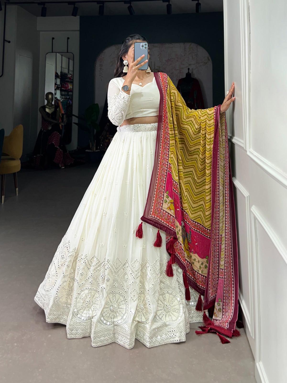 White Georgette Lucknowi Foil Mirror Worked Lehenga Choli Free Shipping Manchester Great Sale