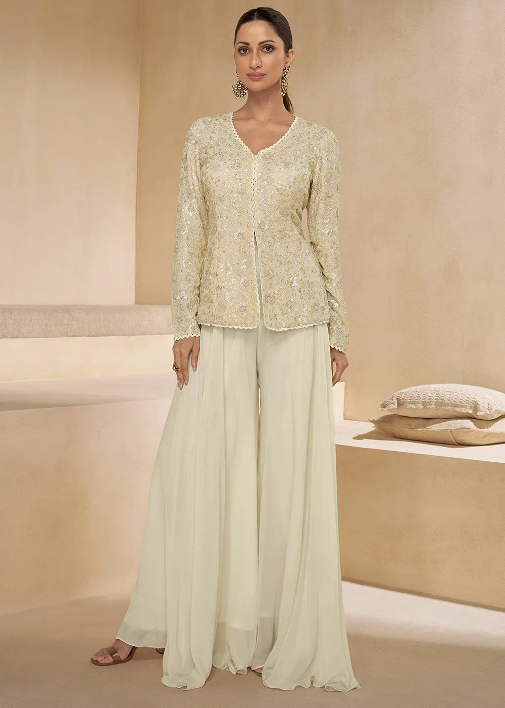 Pearl White Pure Georgette Floral Embroidered Top Palazzo Suit Finishline Sale Online