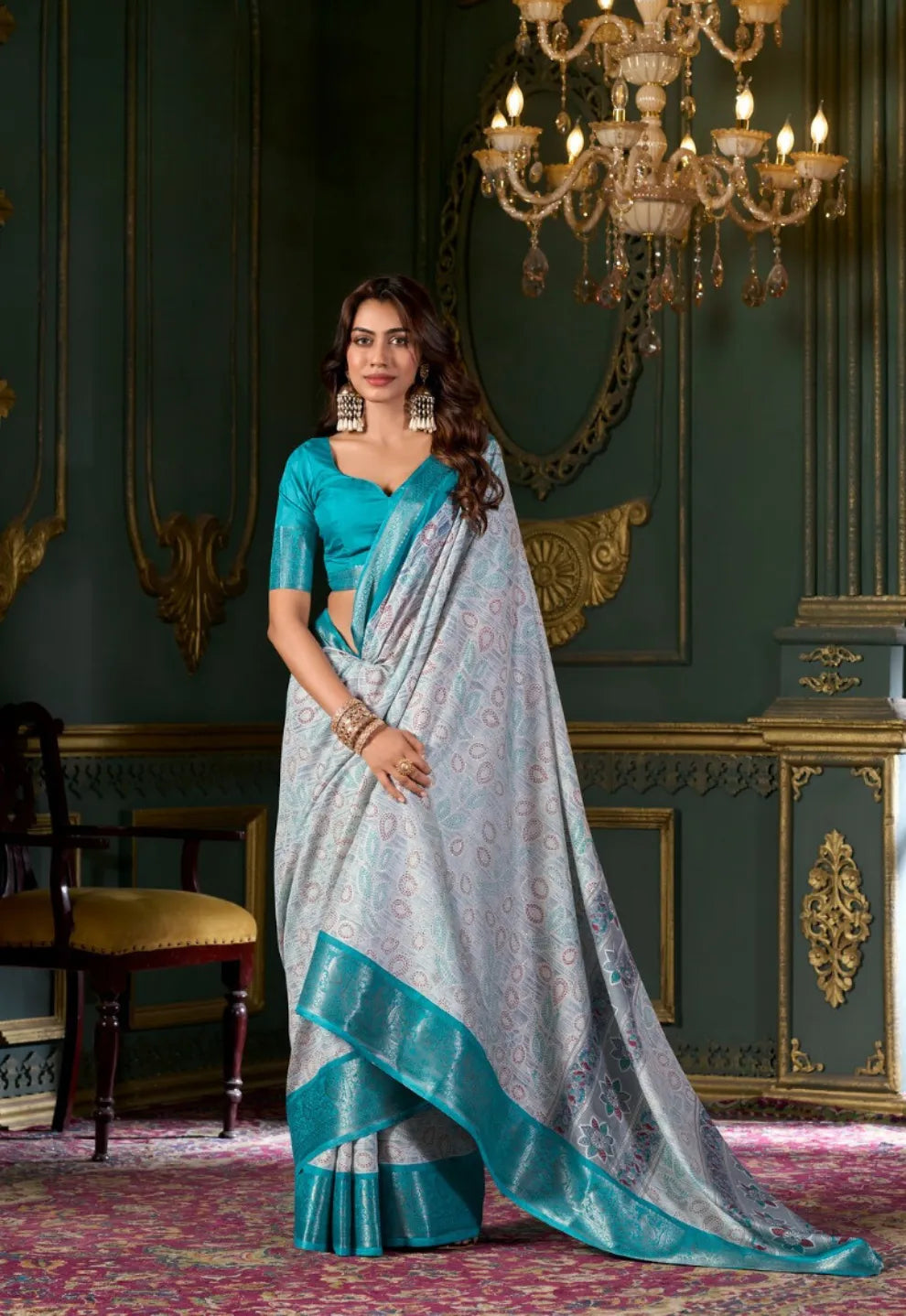 Phenomenal Turquoise Soft Dola Silk Printed Saree Outlet Locations Sale Online