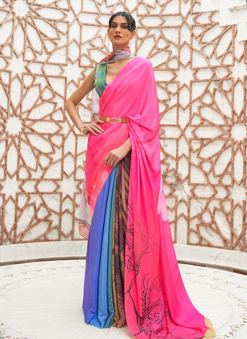 Amazing Partywear Pink Colored Silk Fabric Printed Saree For Sale Top Quality