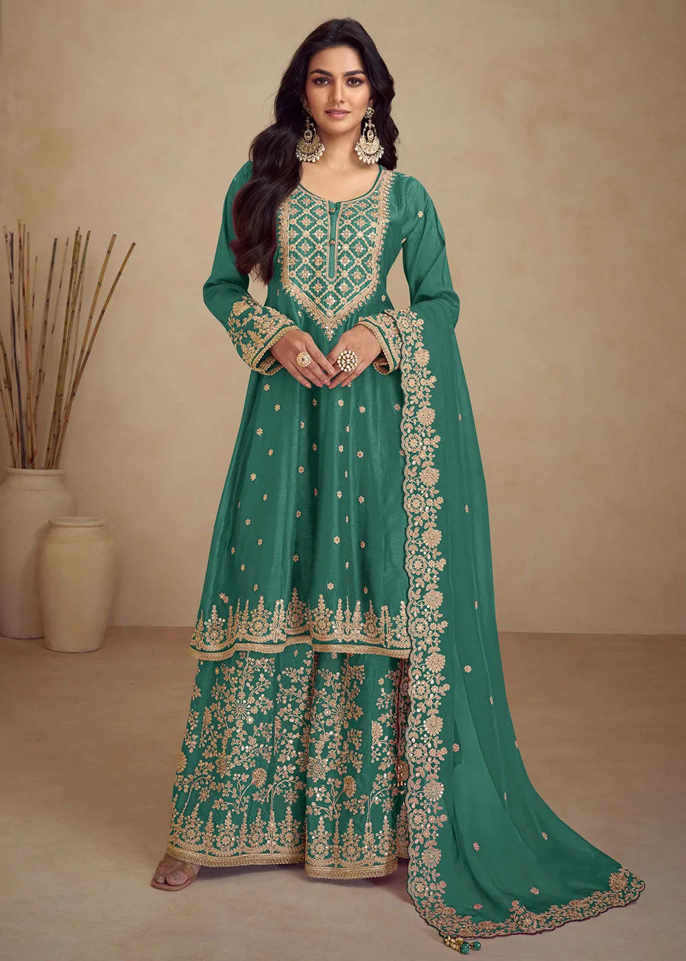 Designer Pure Chinnon Green Embroidered Palazzo Suit Clearance Discounts