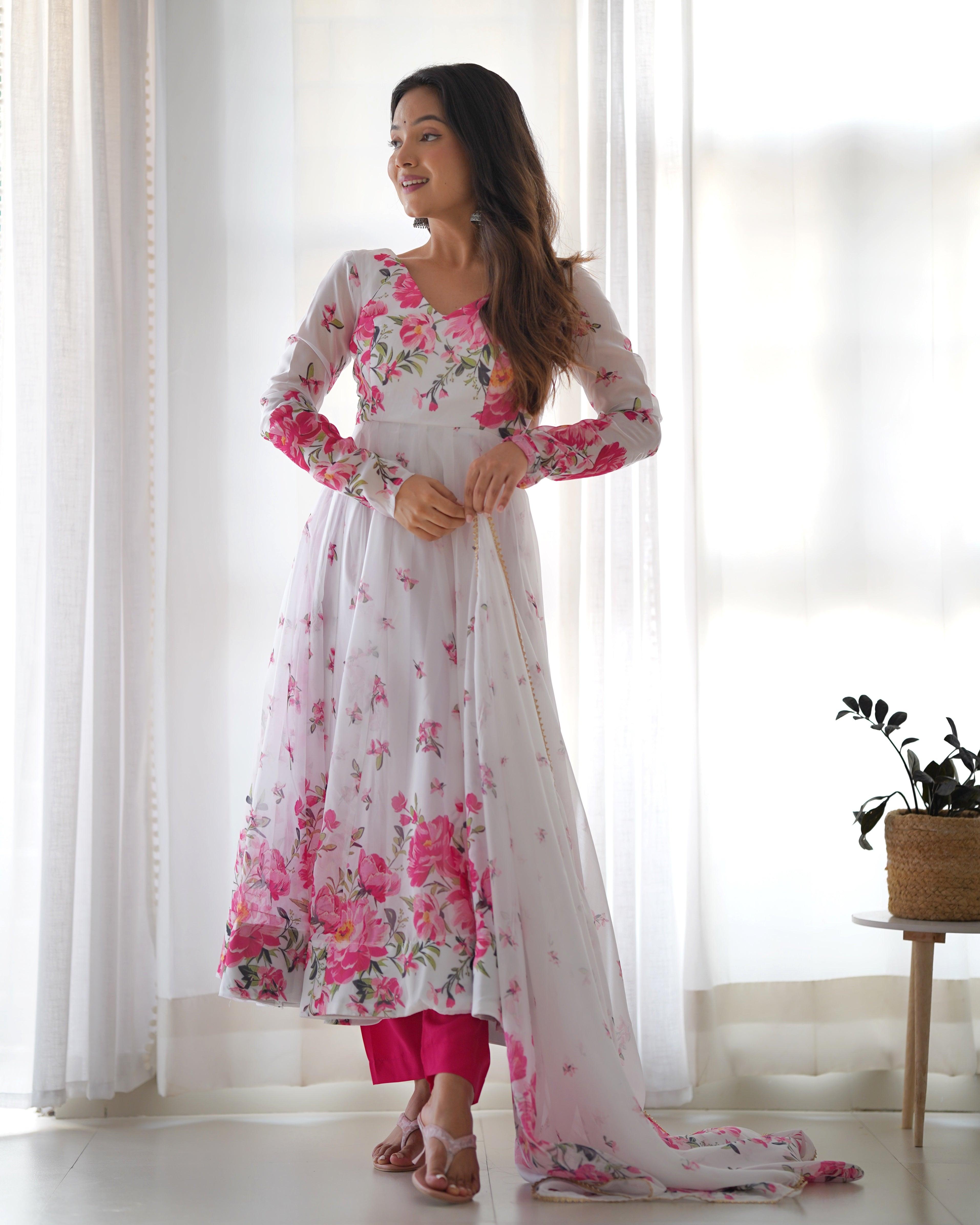 White Floral Digital Printed Pure Organza Silk Anarkali Pant Suit Clearance Get Authentic