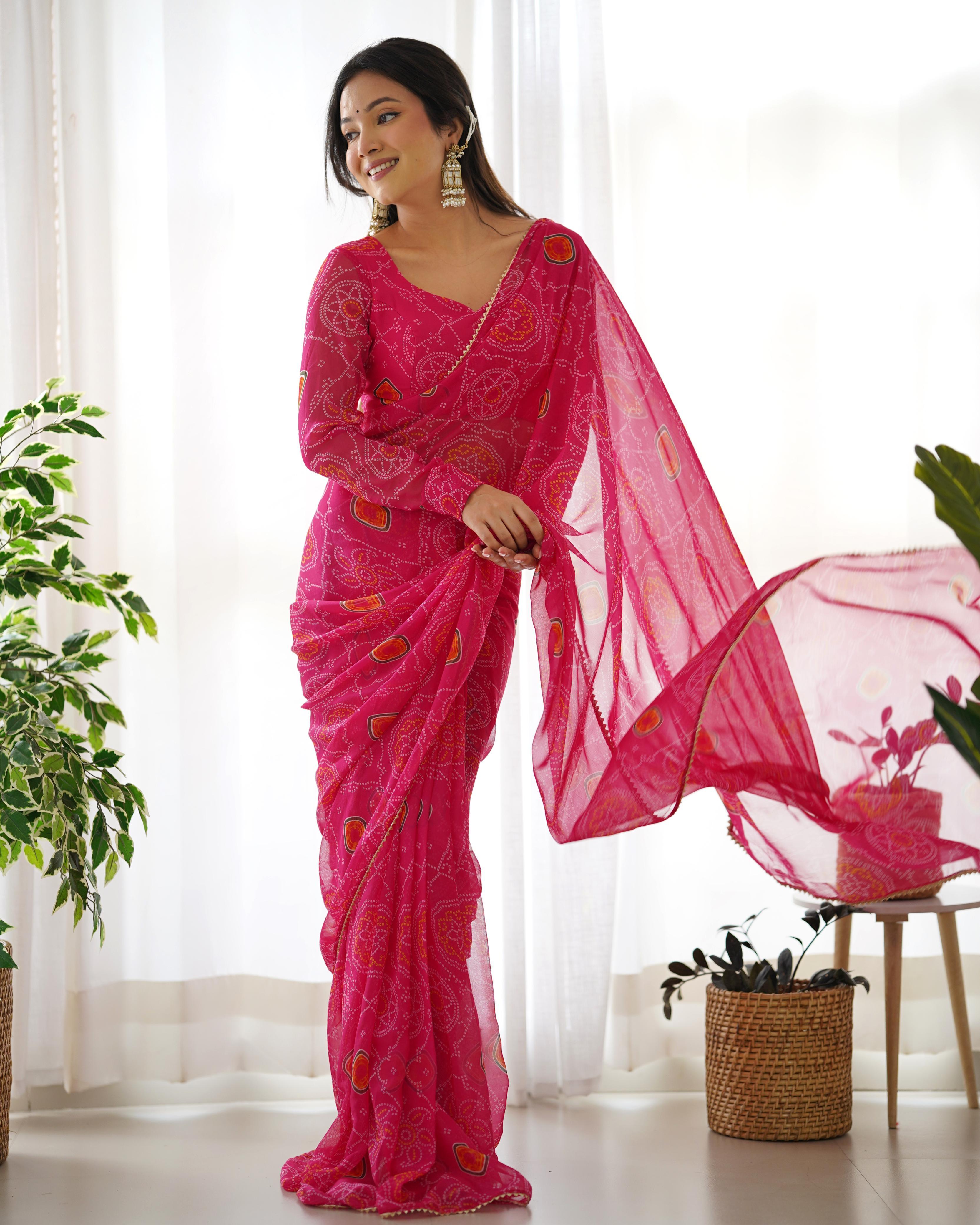 Pink chiffon bandhani Printed Ready to wear saree Outlet Pay With Paypal