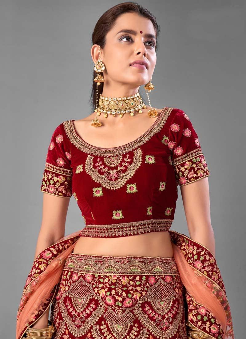 Velvet Fabric Resham And Dori Work Maroon Color Lehenga Choli Cheap Sale Enjoy