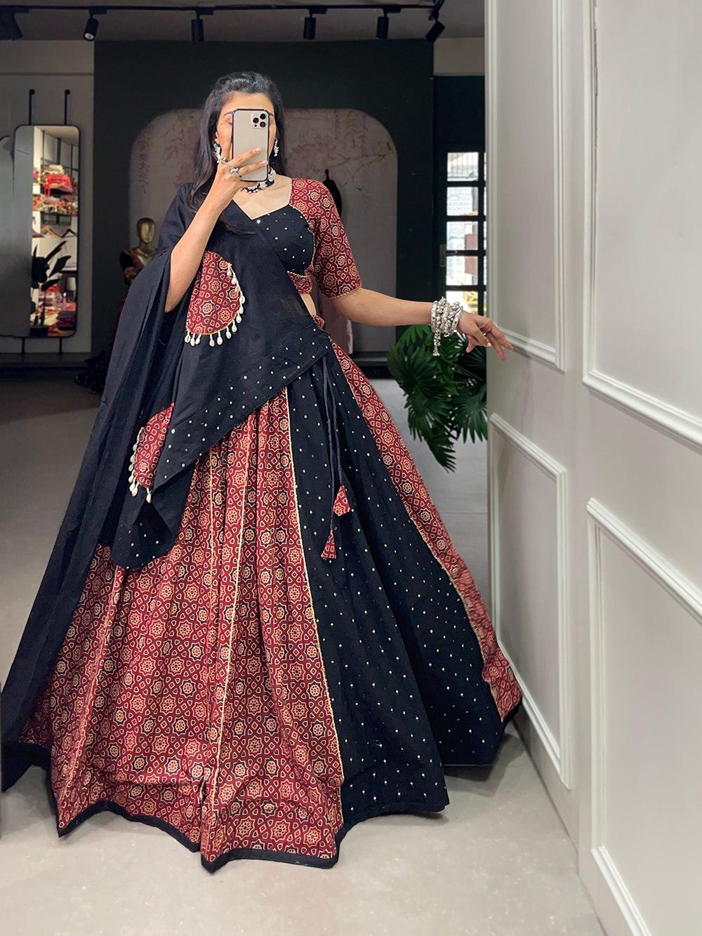 Maroon Black Printed Pure Cotton Mirror Lace Worked Navratri Lehenga Set Recommend Cheap Online