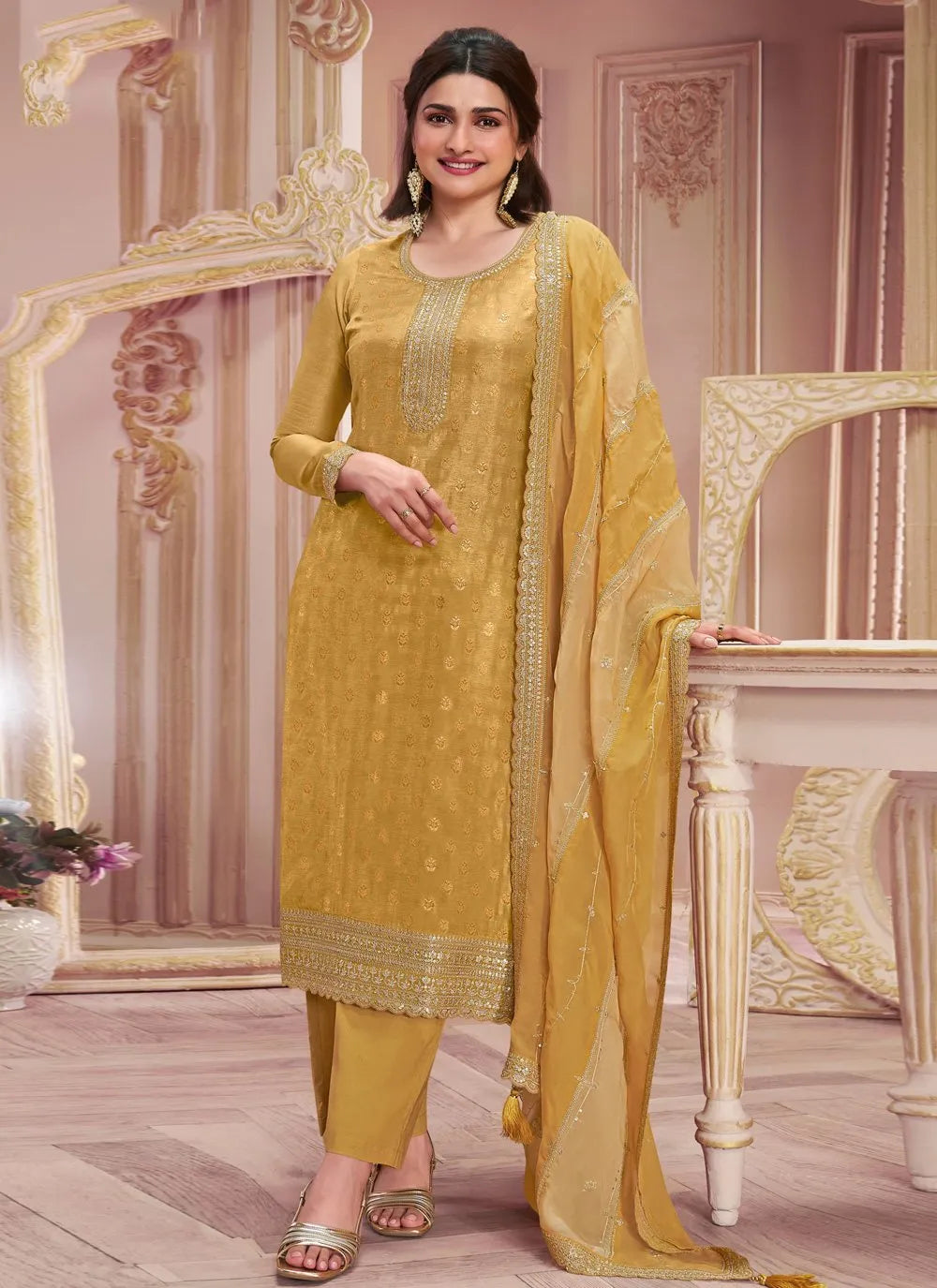 Yellow Dola Jacquard Sequins Embroidered Straight Suit Good Selling Cheap Online