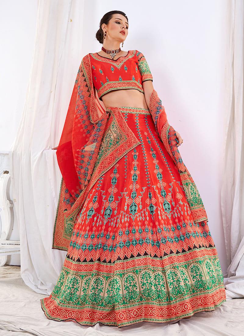 Red Color Printed Half Sleeves Flared Lehenga Choli Free Shipping Browse