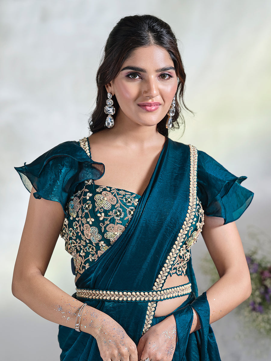 Stunning Teal Blue Ready To Wear To Tone Satin Silk Saree Outlet Shop Offer