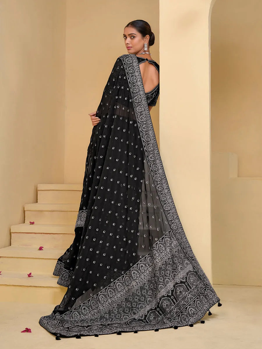 Fabulous Black Banarasi Silk Embroidered Saree Cheap Sale Pay With Paypal