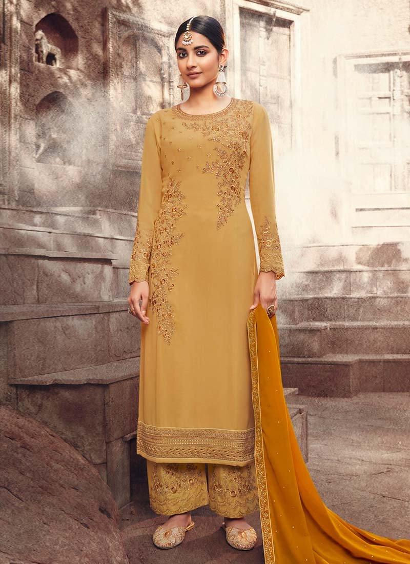 Yellow Color Georgette Base Zari Work Salwar Kameez With Contrast Dupatta Free Shipping Genuine