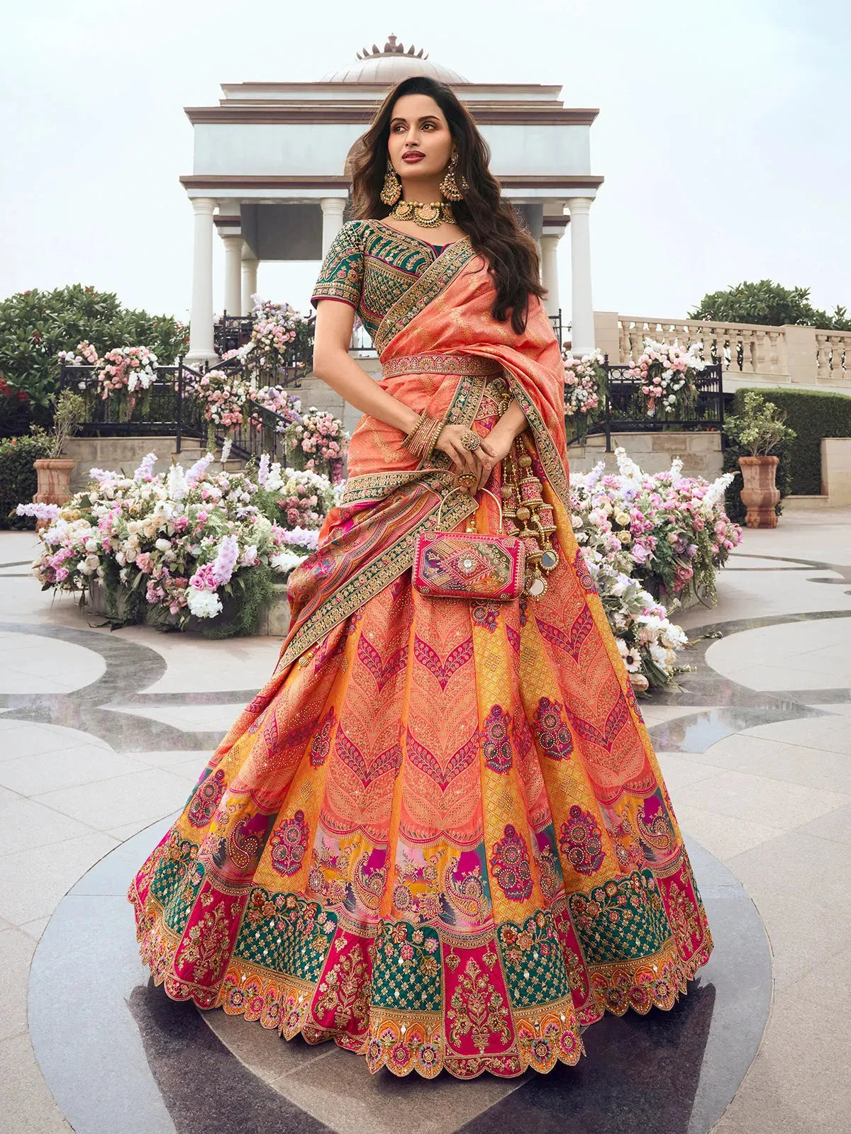 Elegant Embroidered Orange-Yellow Silk  Lehenga Choli Set Cost Online