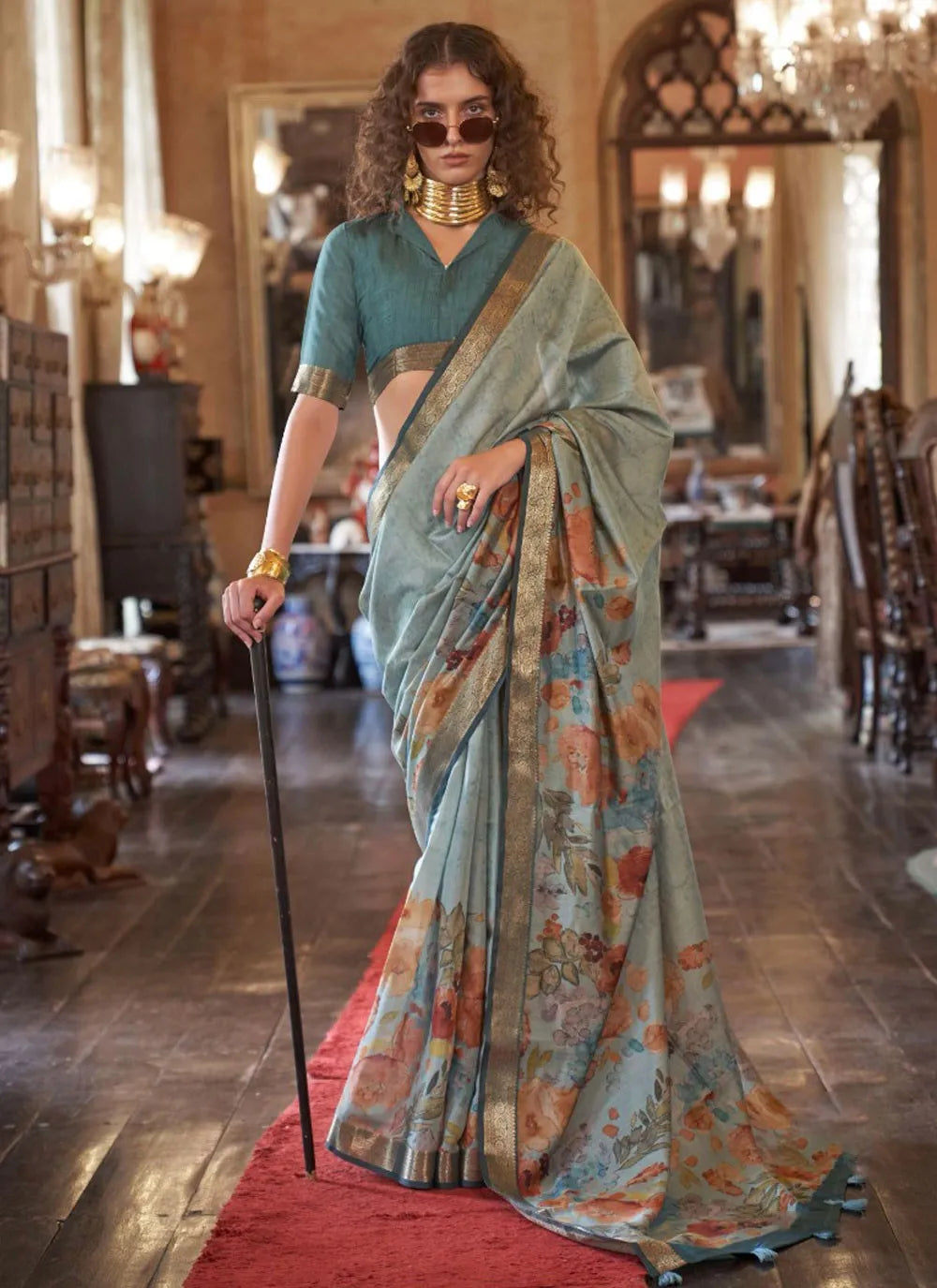 Elegant Aqua Blue Contemporary  Printed Viscos Soft Silk Saree Free Shipping With Paypal